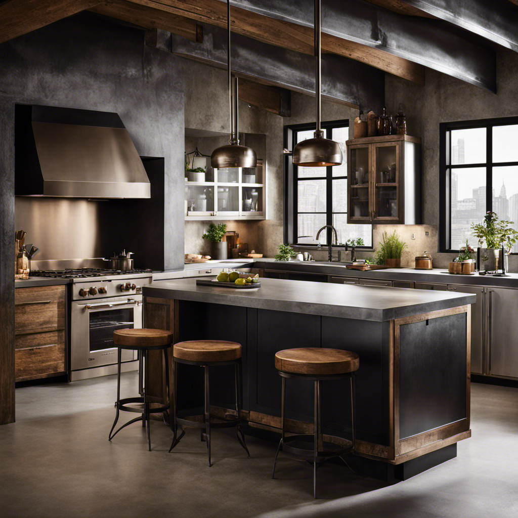 An image that showcases an industrial chic kitchen design, blending a variety of metals and textures