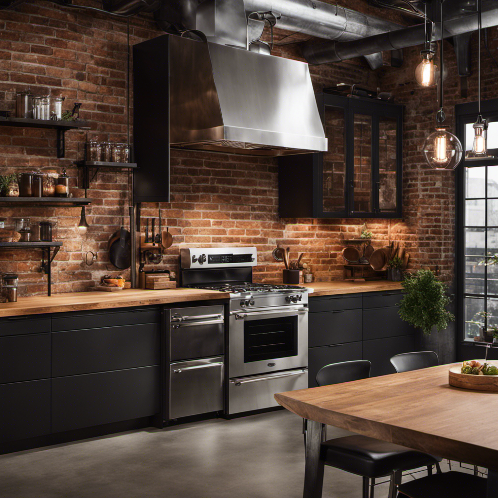 An image showcasing an industrial kitchen design with a sleek, urban aesthetic