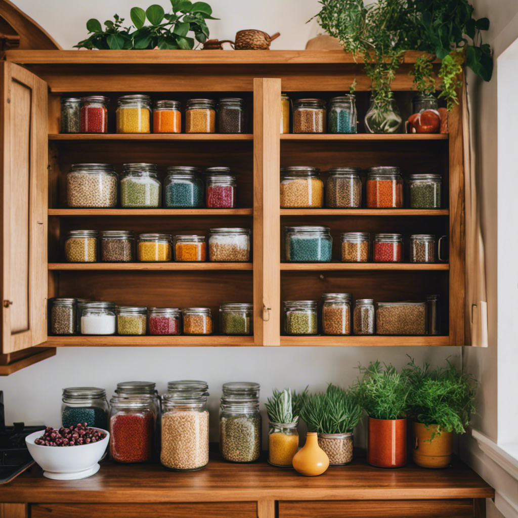 An image showcasing a vibrant, hand-painted kitchen cupboard adorned with unique shelving ideas