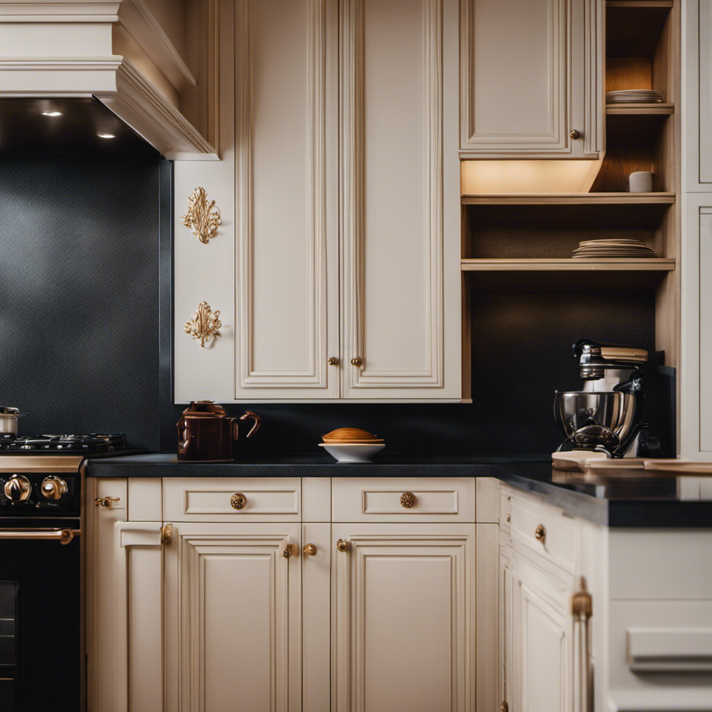 An image showcasing a close-up of a beautifully renovated kitchen cabinet, transformed with elegant beadboard panels