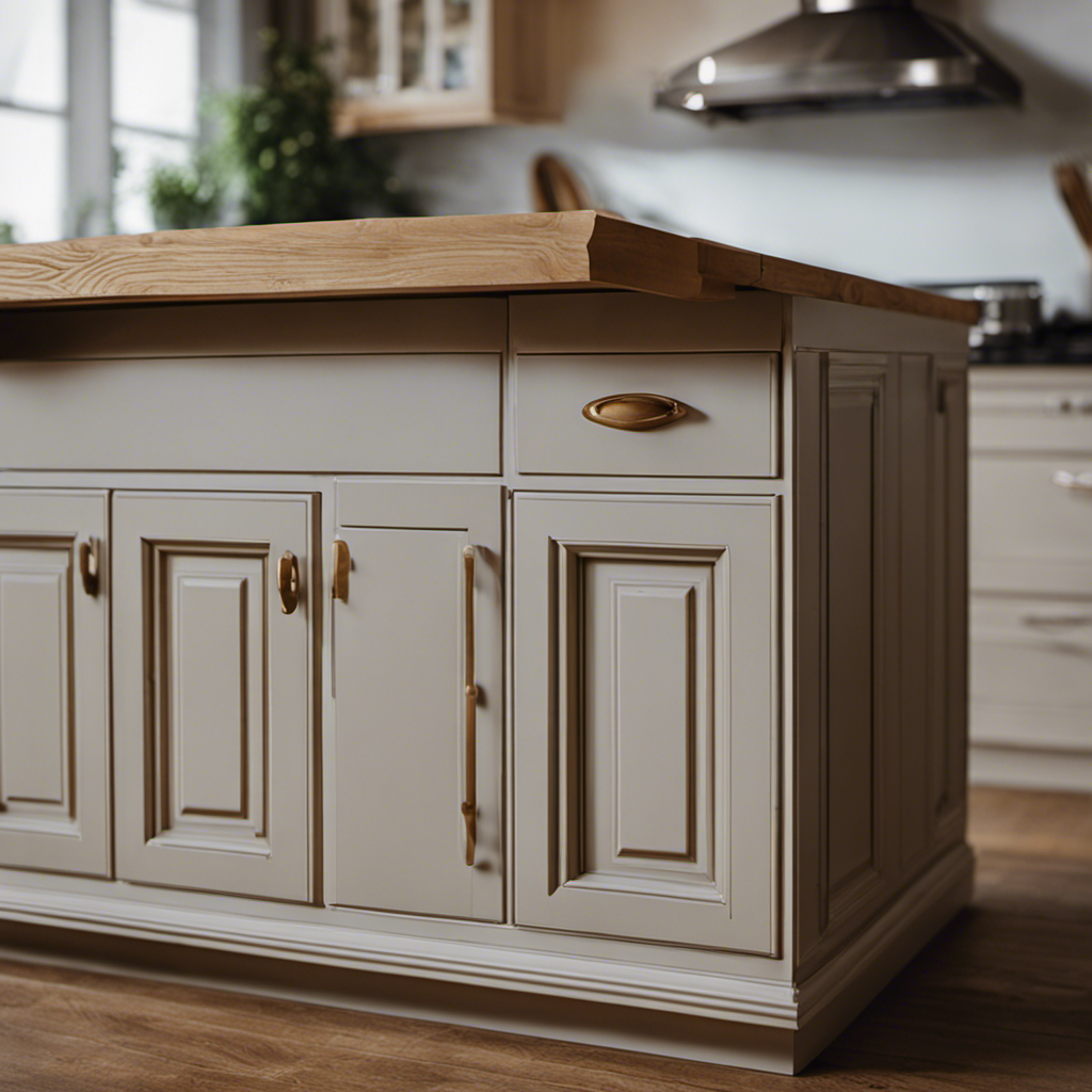 An image capturing a close-up of a set of worn-out kitchen cabinets being transformed through DIY refacing