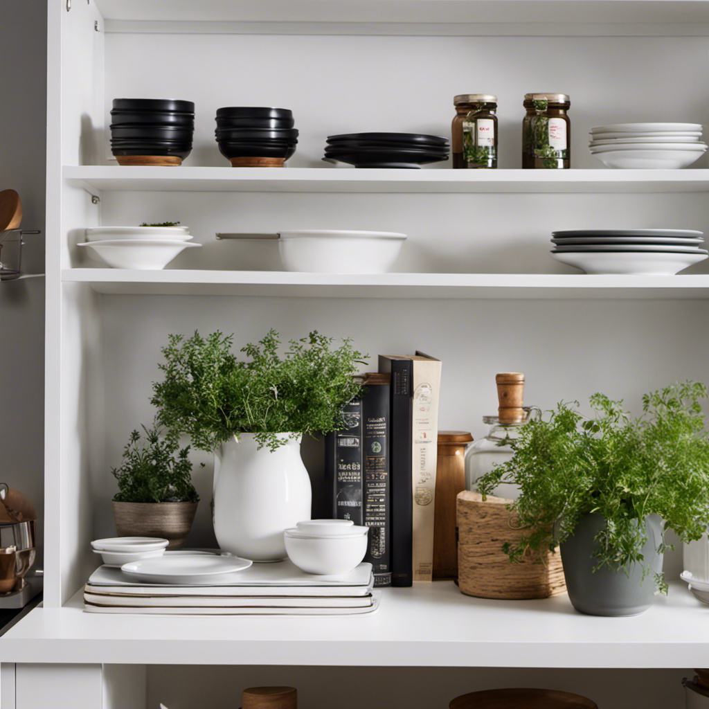 An image showcasing a transformed kitchen cabinet repurposed into a sleek, minimalist storage unit