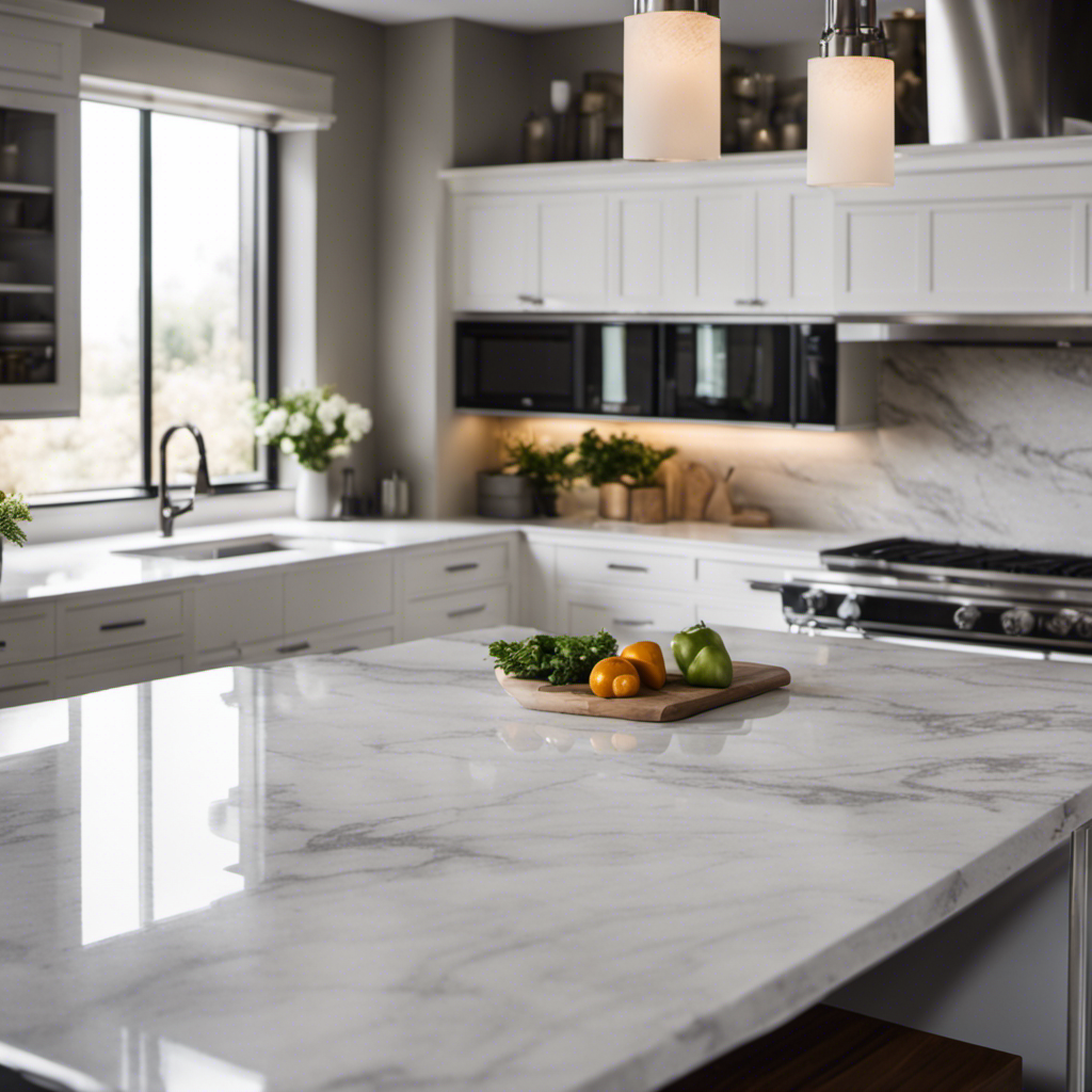 An image showcasing a spacious, modern kitchen with a sleek, marble-topped island as the centerpiece, surrounded by luxurious quartz countertops, gleaming stainless steel appliances, and abundant natural light streaming through large windows