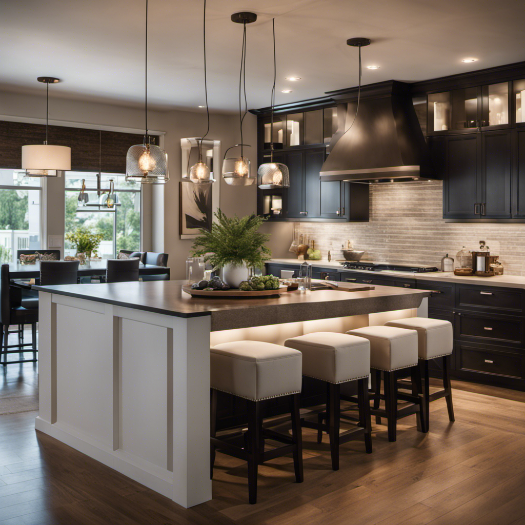 An image showcasing a spacious kitchen island with sleek countertops, surrounded by comfortable bar stools