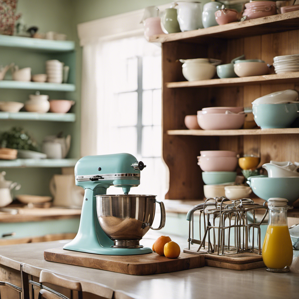 An image showcasing a charming, revamped kitchen with thrift store treasures: a vintage, pastel-hued mixer, a rustic farmhouse table adorned with mismatched chairs, and open shelves displaying an array of retro, budget-friendly kitchenware