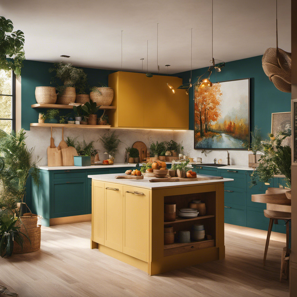 An image showcasing a vibrant hand-painted kitchen, adorned with a captivating gallery wall
