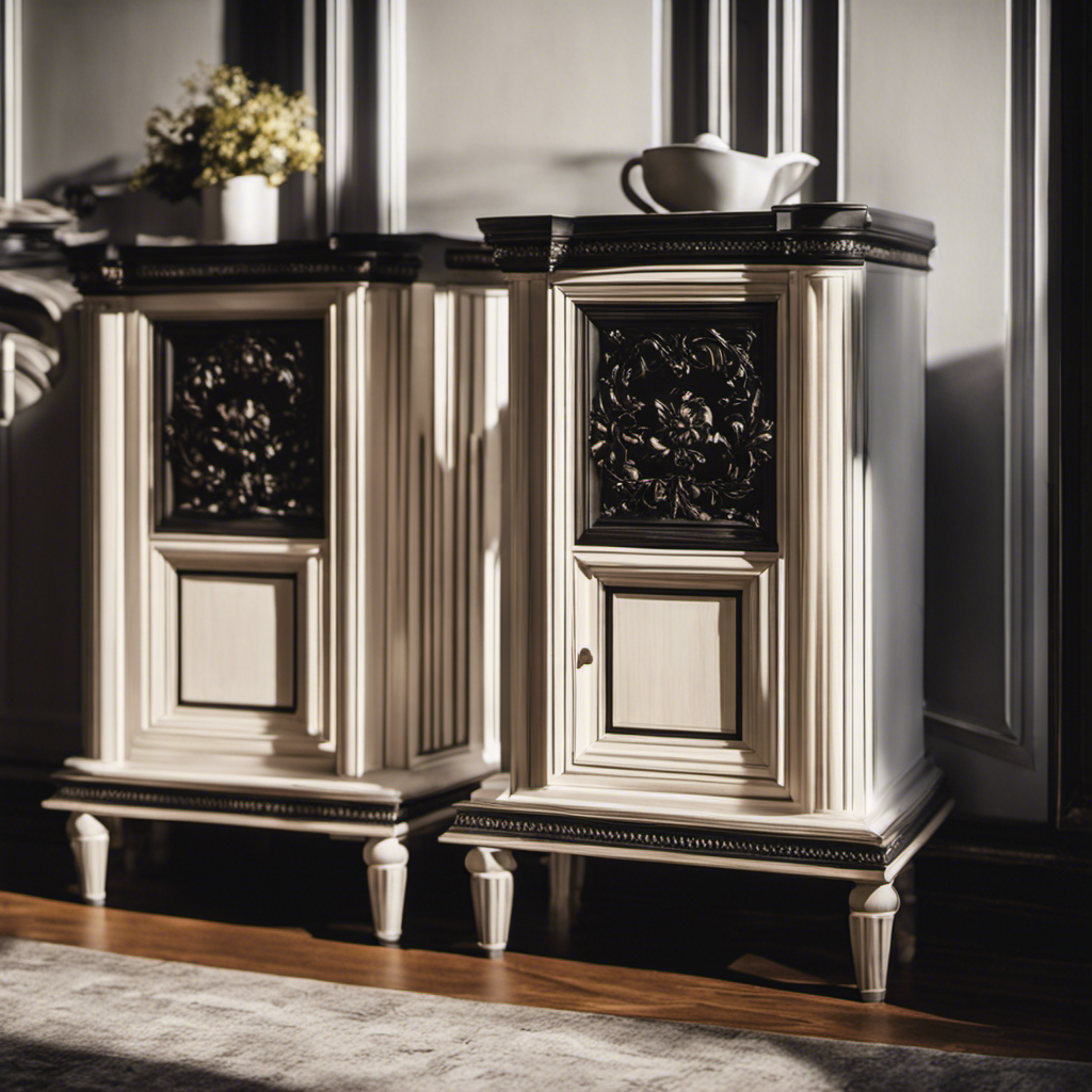 An image of two hand-painted cabinets side by side, one in a luminous white color with soft shadows, the other in a rich ebony hue with dramatic highlights, showcasing the contrasting effects of light and dark