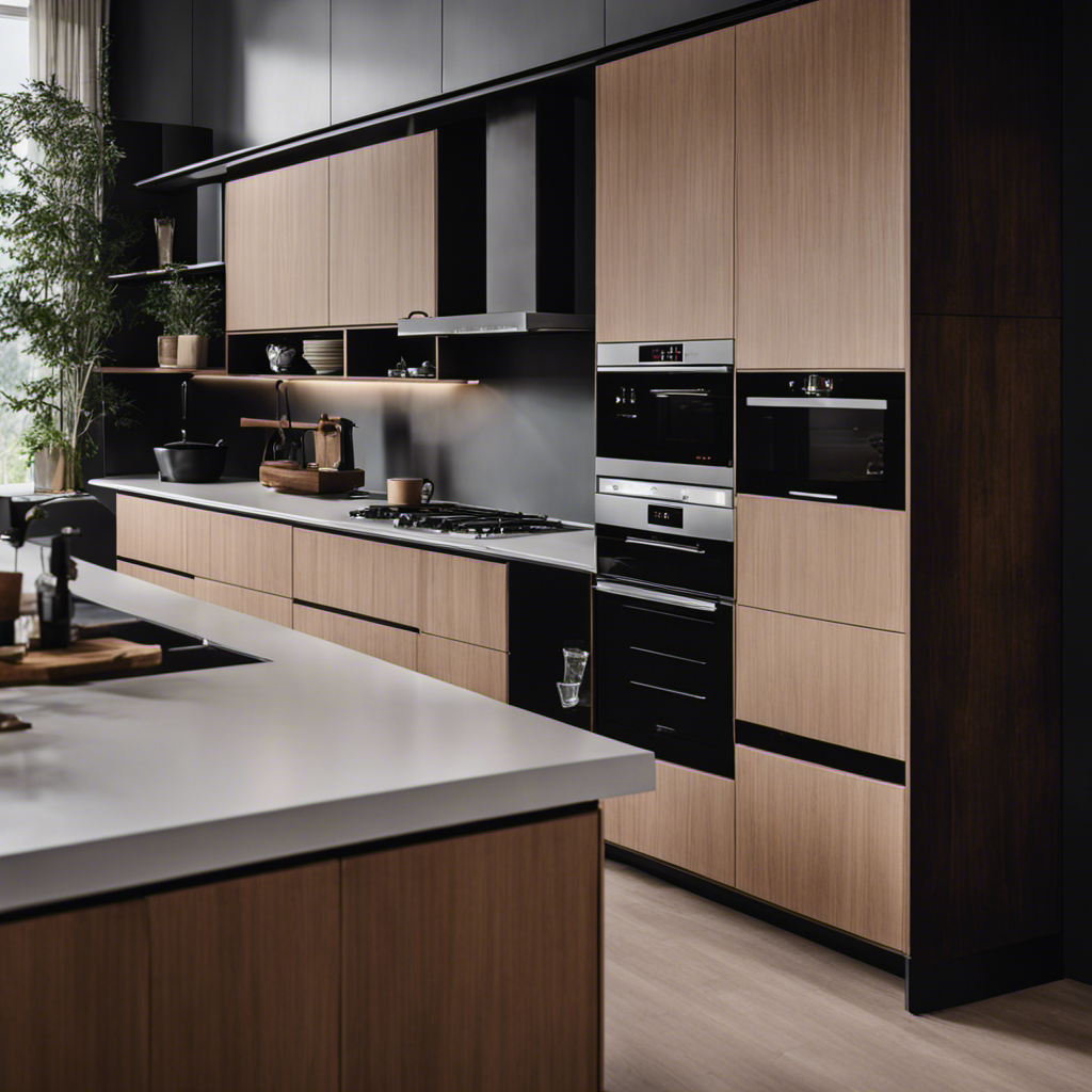 An image showcasing a modern kitchen with light-colored cabinets that exude a sense of openness, while contrasting against a dark-colored cabinet design, adding sophistication and depth to the space