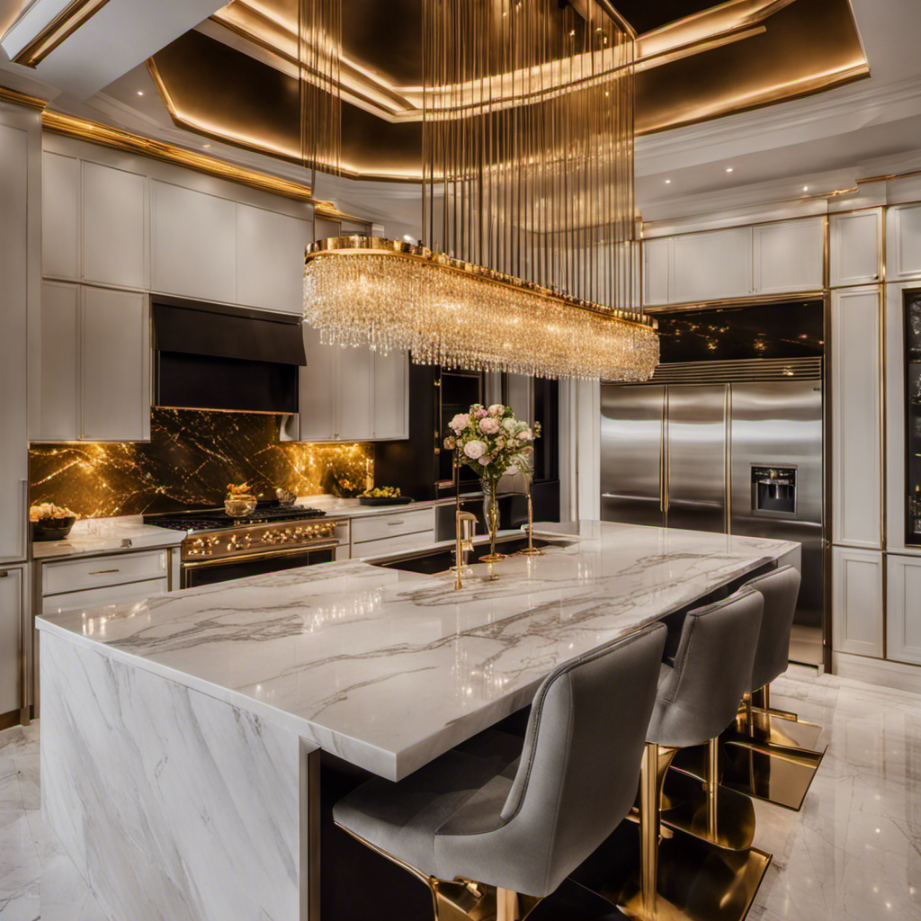 An image capturing the opulence of a luxe kitchen design: glistening chandeliers casting a warm glow on a marble waterfall island, adorned with sleek gold accents and reflecting the gleaming stainless steel appliances