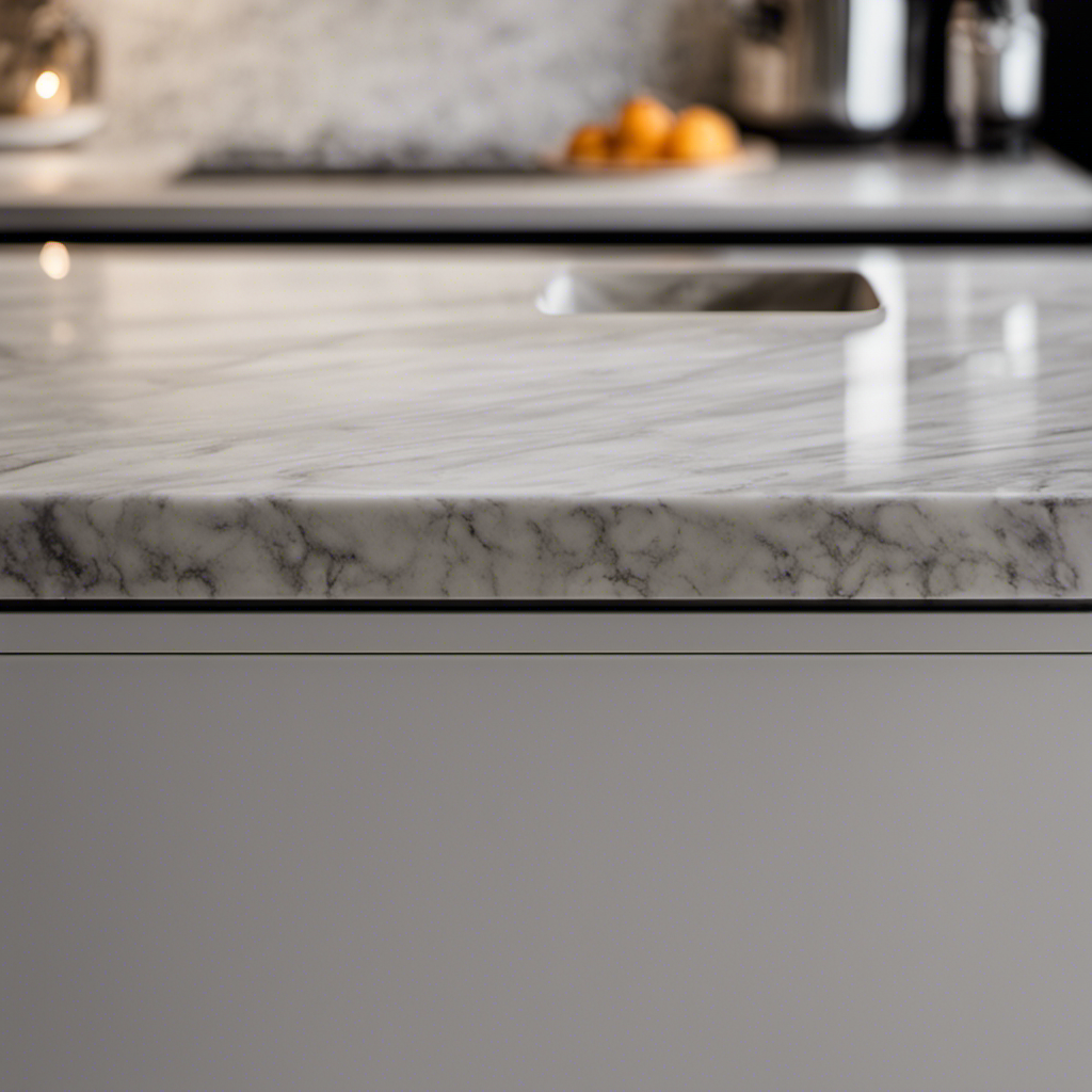 An image showcasing the elegance of a marble countertop with its smooth, white surface gleaming under soft lighting, juxtaposed against the durability of a granite countertop, displaying its intricate texture and speckled shades of gray, adding depth to any kitchen