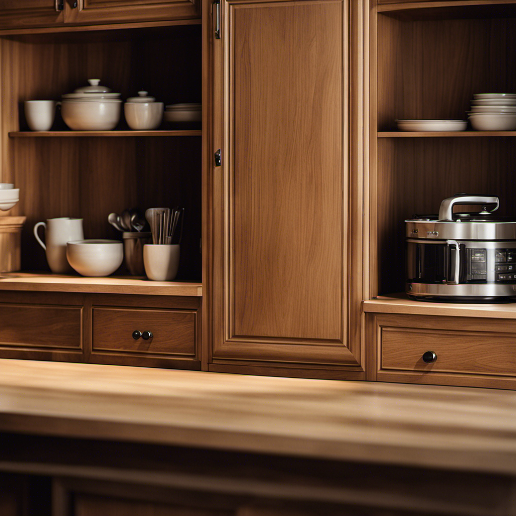 An image showcasing a meticulously sanded and smooth wooden kitchen cupboard surface, primed and ready for the artist's touch