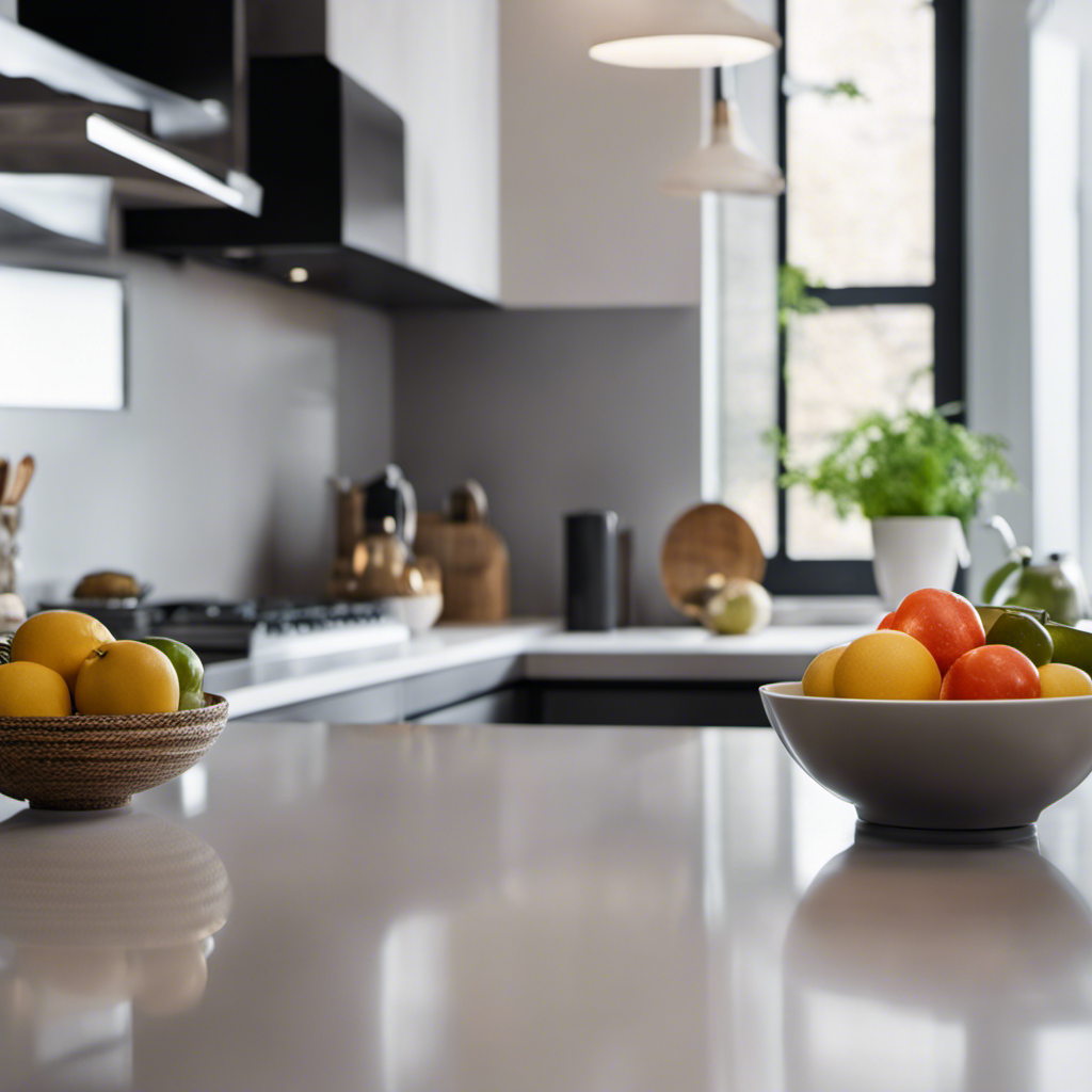 An image showcasing two contrasting kitchen countertops side by side: one with a sleek, light-reflecting glossy finish that accentuates its polished appearance, while the other boasts a chic matte surface, exuding a subtle yet sophisticated charm