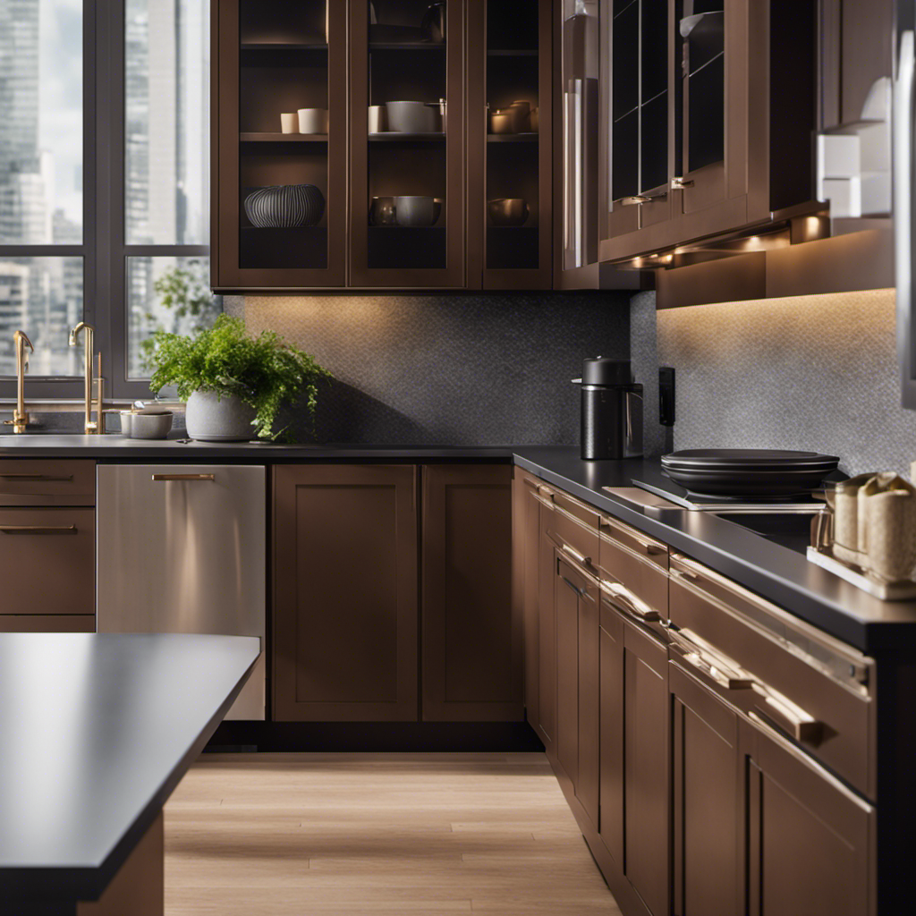 An image showcasing two sets of kitchen cabinets side by side, one with a sleek matte finish, radiating a velvety texture, and the other with a glossy sheen, reflecting a mirror-like surface