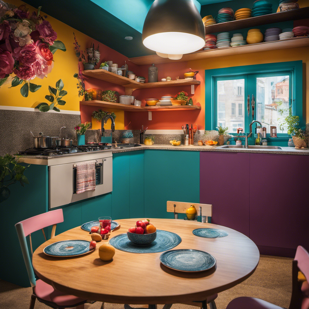 An image showcasing a small kitchen transformed with hand-painted magic