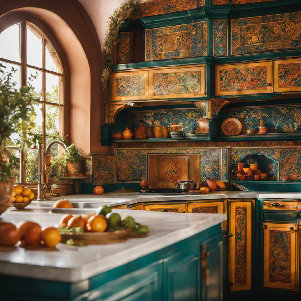 An image showcasing a vibrant Mediterranean-inspired kitchen design, featuring hand-painted cabinets adorned with intricate motifs, such as delicate floral patterns and geometric shapes, exuding warmth and cultural richness