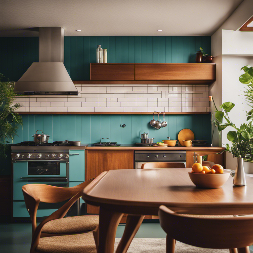 An image showcasing a sleek mid-century modern kitchen with clean lines, organic shapes, and vibrant colors