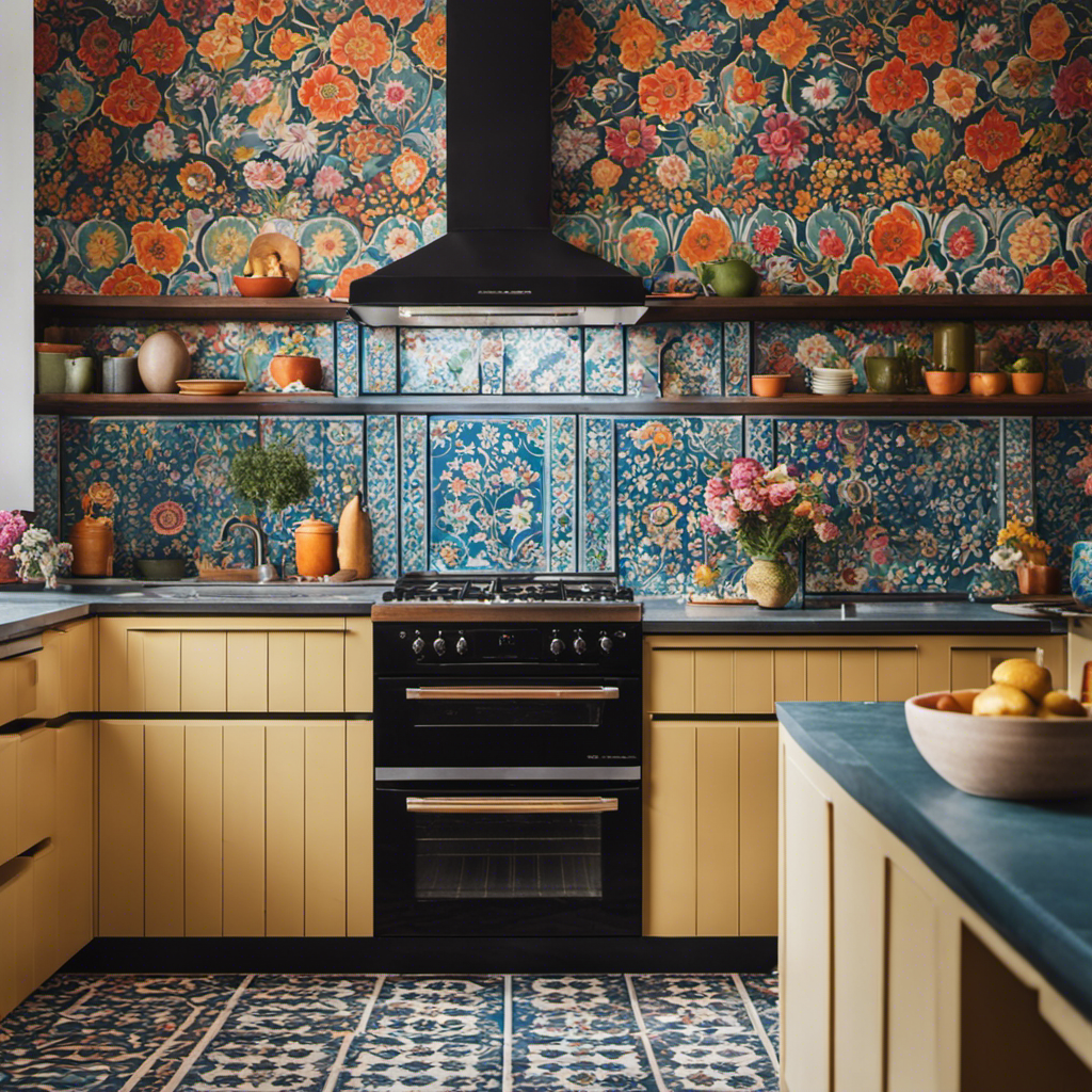 An image showcasing a vibrant kitchen design with contrasting patterns: intricate Moroccan tiles on the floor, complemented by colorful floral wallpaper, and a statement striped backsplash