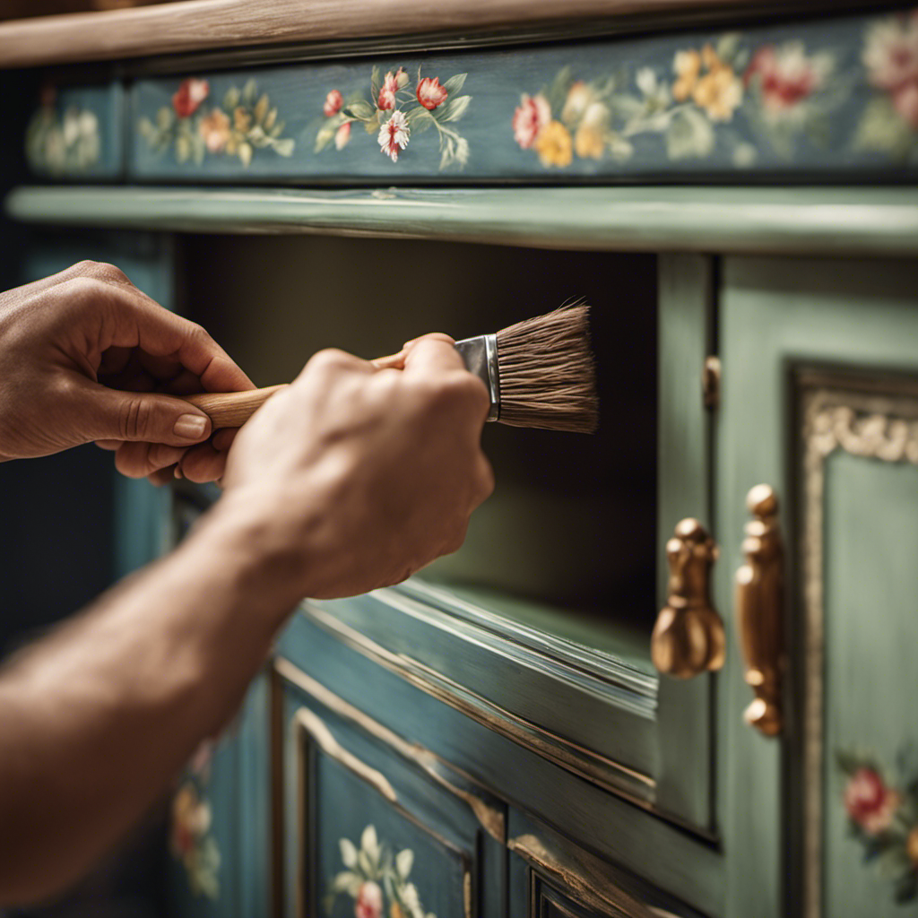 An image depicting a skilled hand holding a paintbrush, delicately touching up a vintage-inspired hand-painted kitchen cabinet