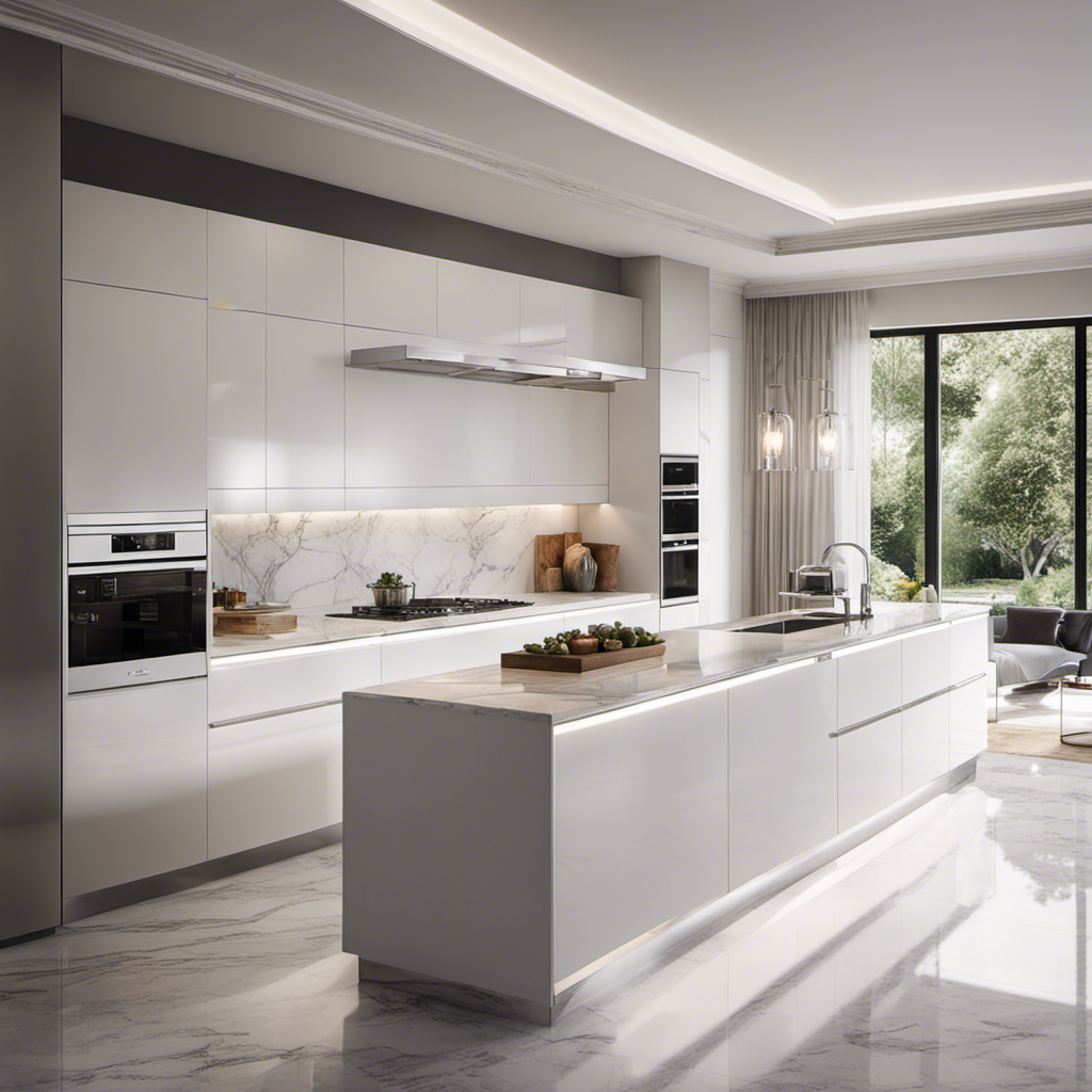 An image capturing the elegance of a monochromatic kitchen: glossy white cabinets and countertops, complemented by sleek stainless steel appliances, illuminated by pendant lights, casting a gentle glow on the polished marble floor