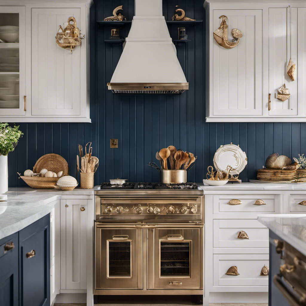 An image showcasing a stunning nautical kitchen design with hand-painted cabinets