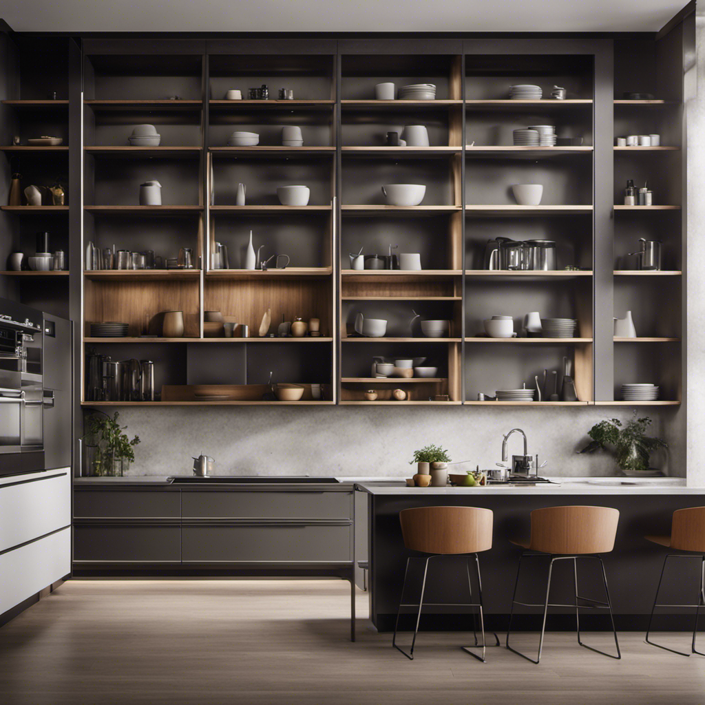 An image showcasing a sleek, modern kitchen with open shelving on one side, displaying neatly arranged dinnerware and cookbooks, while the opposite side features closed cabinets with clean lines and hidden storage solutions