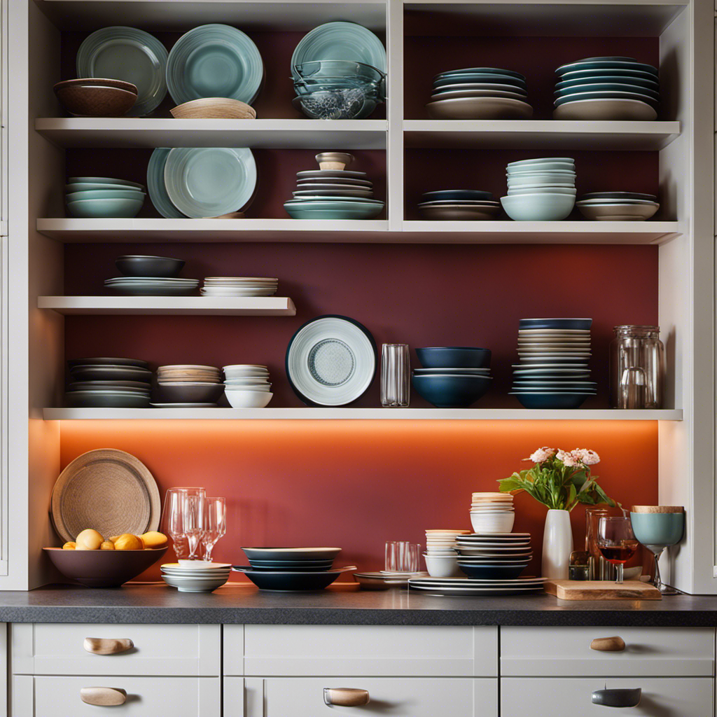 An image capturing a well-organized kitchen with open shelving, displaying neatly stacked colorful plates, glassware, and cookbooks, contrasting with another section featuring sleek cabinets showcasing concealed, clutter-free storage solutions