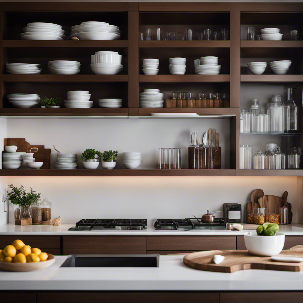 An image that showcases a sleek, minimalist modern kitchen with open shelving, displaying neatly arranged dishes, glassware, and cookbooks, juxtaposed with another image featuring closed cabinets, emphasizing concealed organization and clean lines