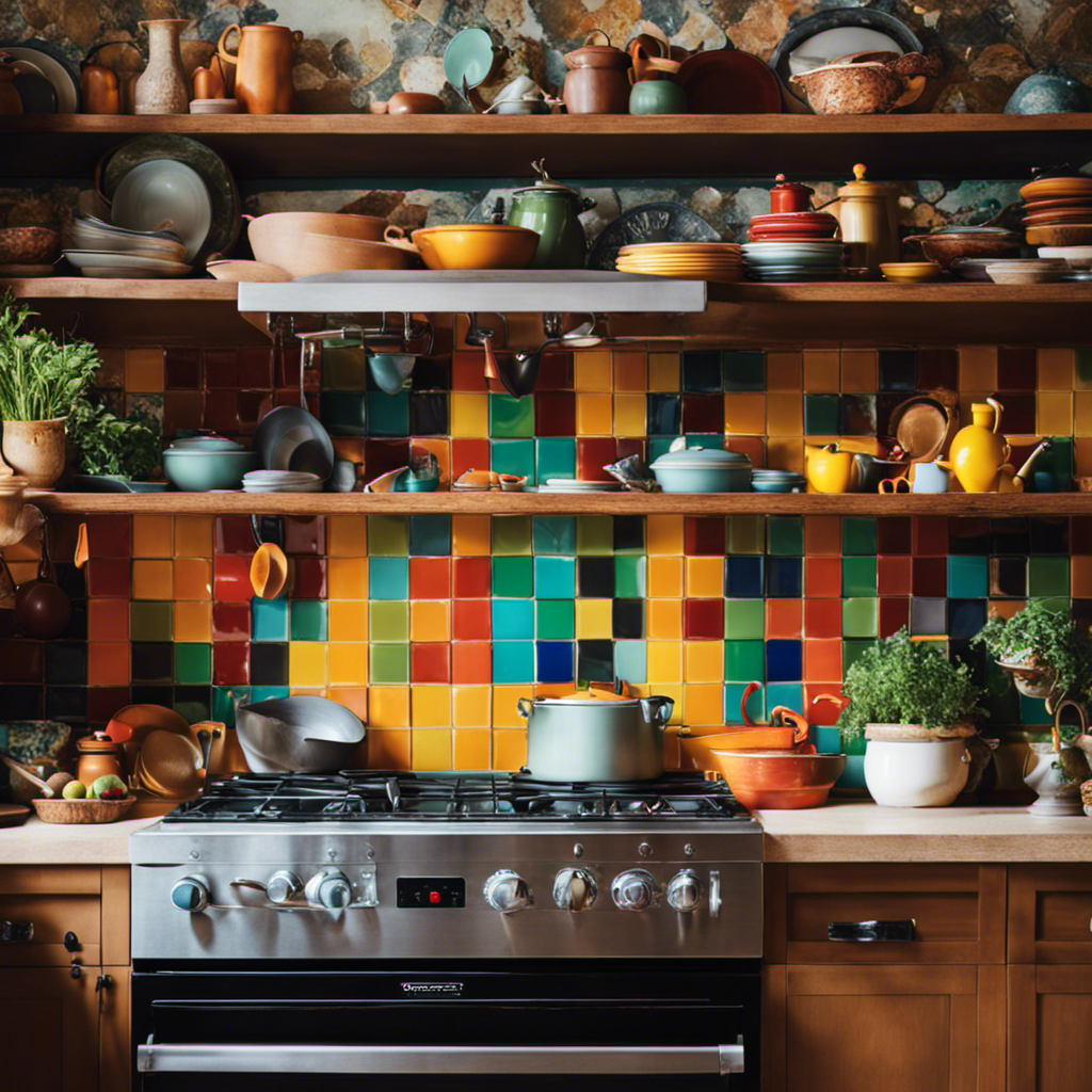 An image showcasing an eclectic kitchen design where vibrant, mismatched tiles cover the backsplash, while open shelves overflow with an assortment of colorful dishes, and hanging pots and pans create a lively, chaotic yet harmonious atmosphere