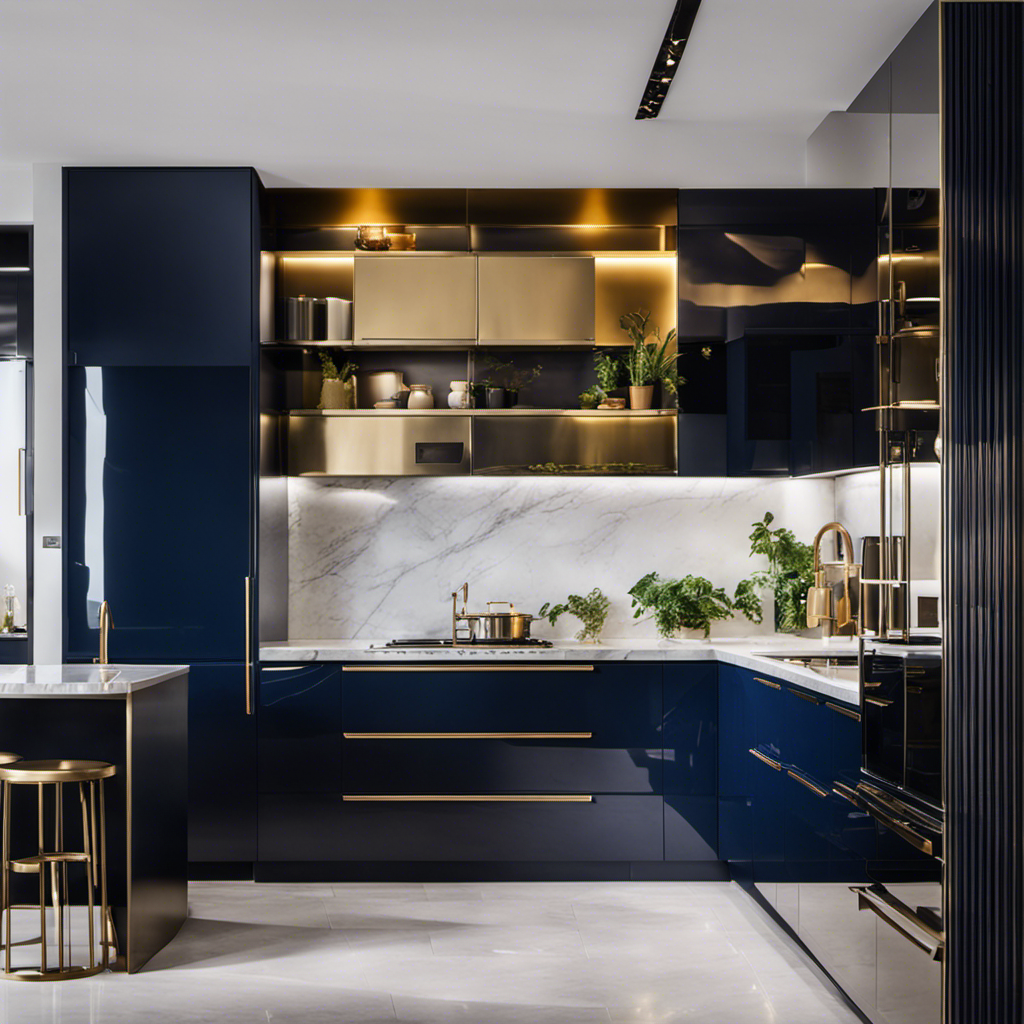 An image showcasing a sleek, modern kitchen with vibrant, glossy cupboards