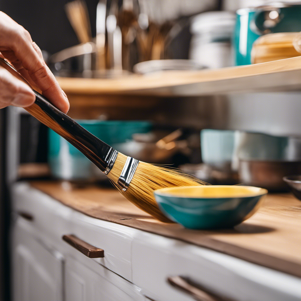 An image showcasing a close-up view of a steady hand painting kitchen cabinets with a brush