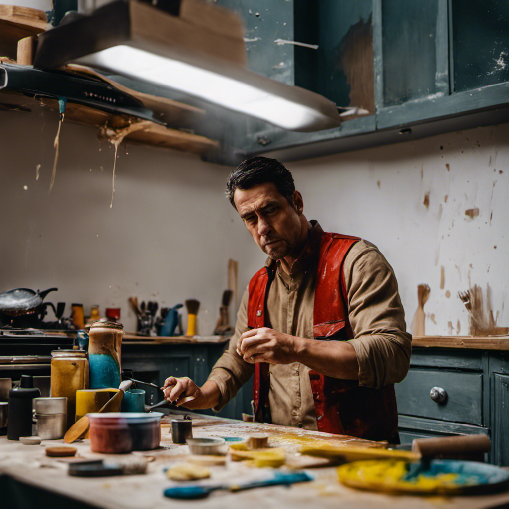 An image featuring a frustrated DIY enthusiast surrounded by drips, brush marks, and unevenly painted kitchen cupboards