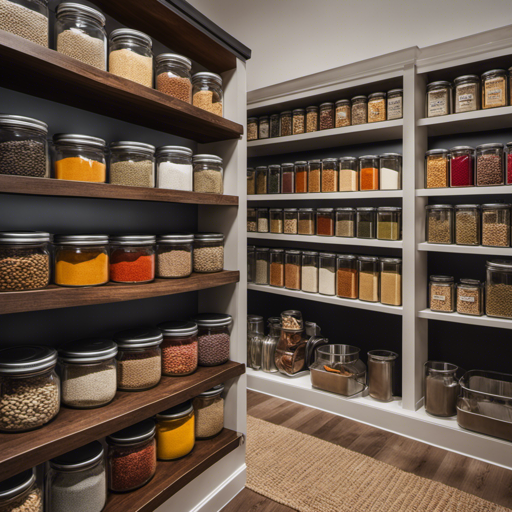 An image showcasing a meticulously organized pantry with custom-built shelves, pull-out drawers, and labeled glass jars filled with colorful spices, grains, and snacks