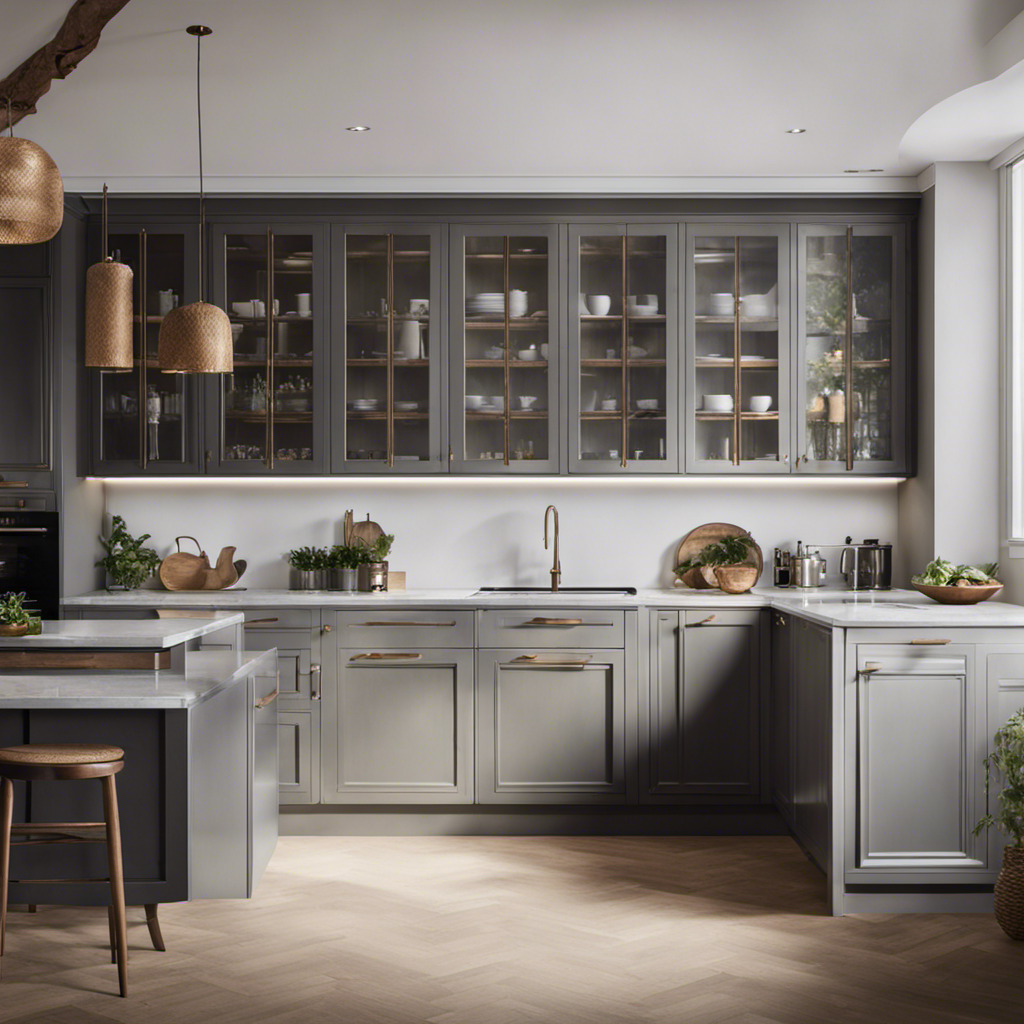 An image showcasing two side-by-side kitchen cabinets: one meticulously hand-painted, revealing delicate brushstrokes and depth, while the other flaunts a flawlessly smooth spray finish, exuding a sleek and modern allure