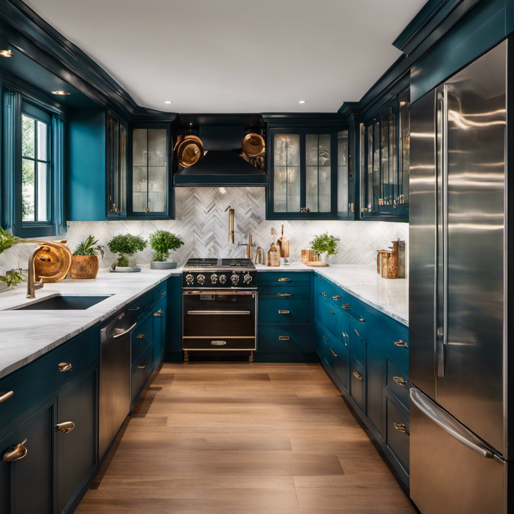 An image showcasing a stunning kitchen transformation: hand-painted cabinets in bold hues, reflecting the homeowner's unique style