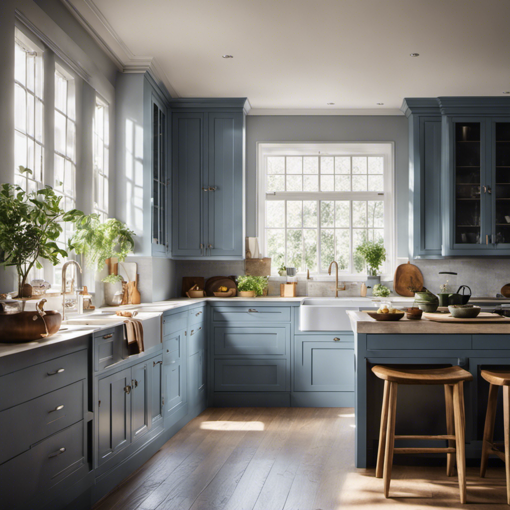  image of a bright, spacious kitchen with sunlight streaming through large windows