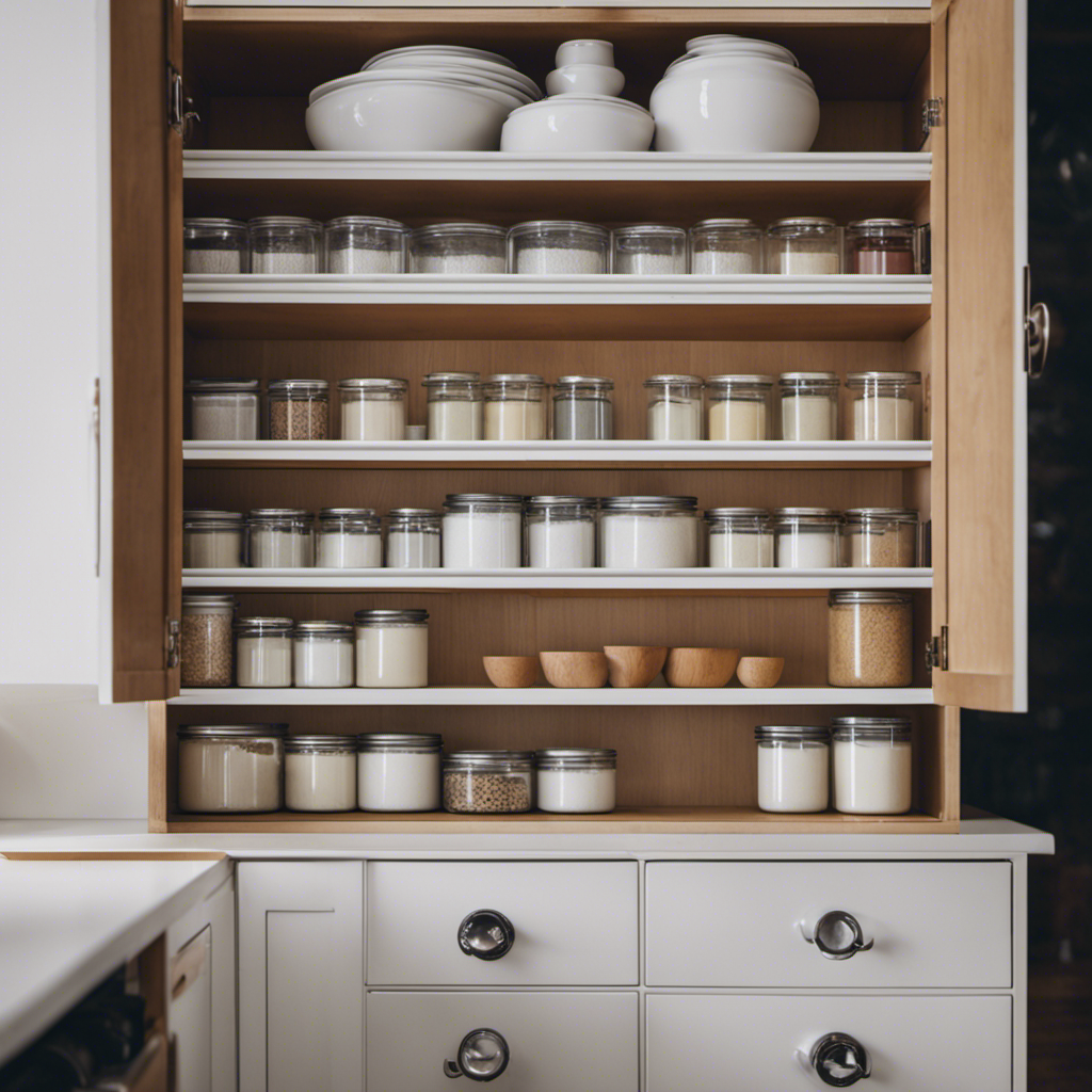 An image showcasing a clean, organized kitchen cupboard with empty shelves, perfectly aligned and labeled containers, ready for a fresh coat of paint
