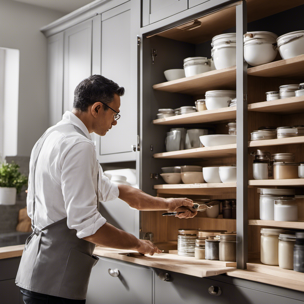 An image showcasing professional kitchen cupboard painters meticulously inspecting and applying flawless coats of paint, ensuring impeccable quality assurance