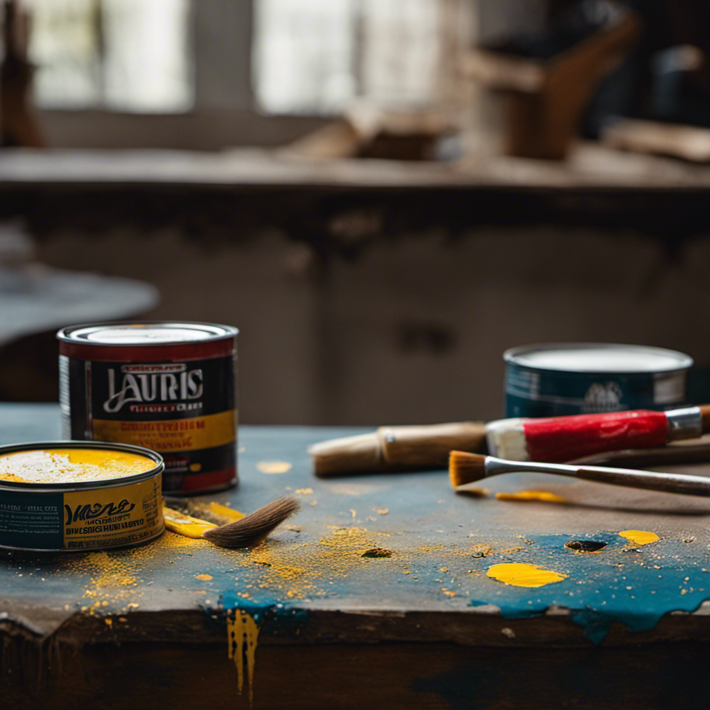 An image showcasing a worn-out wooden table with peeling paint, surrounded by paintbrushes, sandpaper, and a can of paint, illustrating the contrasting processes of repainting and refinishing