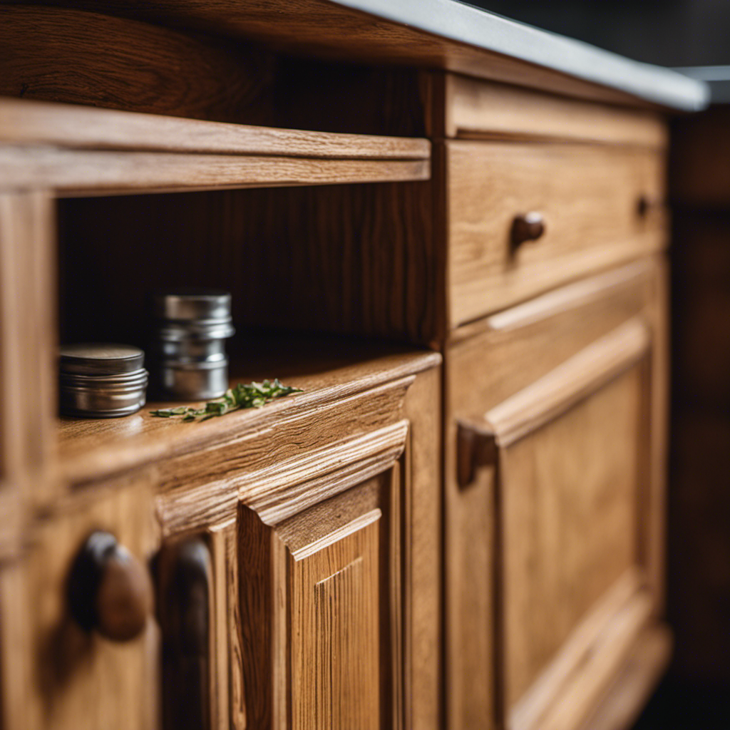 An image showcasing a pair of worn-out oak and pine kitchen cabinets being lovingly restored by a DIY enthusiast