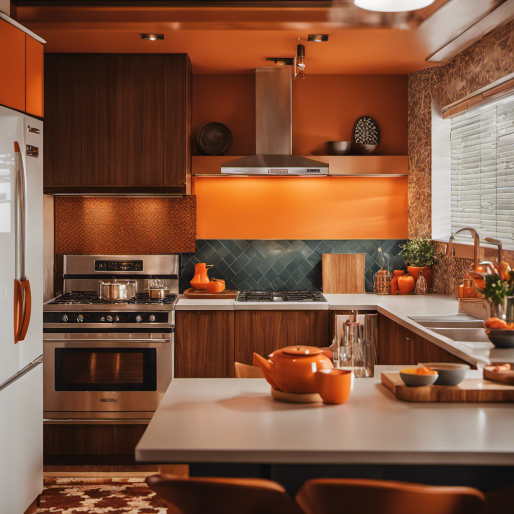 An image showcasing a 70s-inspired kitchen with warm earth tones, sleek wooden cabinets, vibrant orange appliances, a funky patterned backsplash, and a statement pendant light, exuding the nostalgic charm of retro design