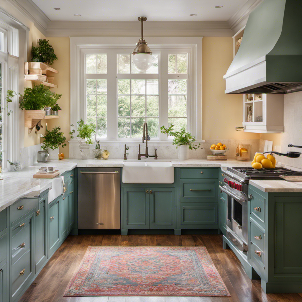 An image of a bright and airy rental kitchen transformed by hand-painted cabinets