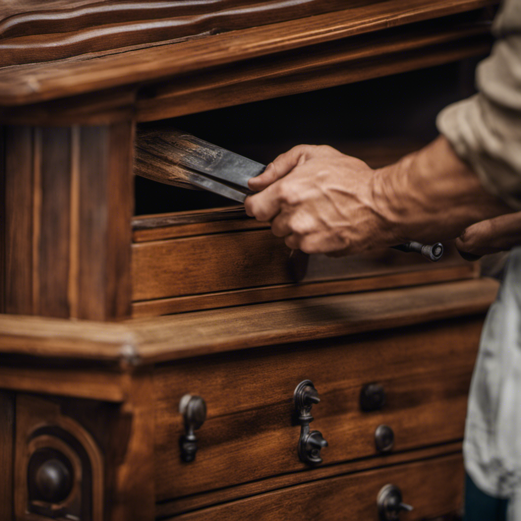 An image showcasing a skilled artisan meticulously restoring an antique cupboard, delicately sanding the weathered wood, applying a rich stain, and finally adding a protective top coat for a stunning revival