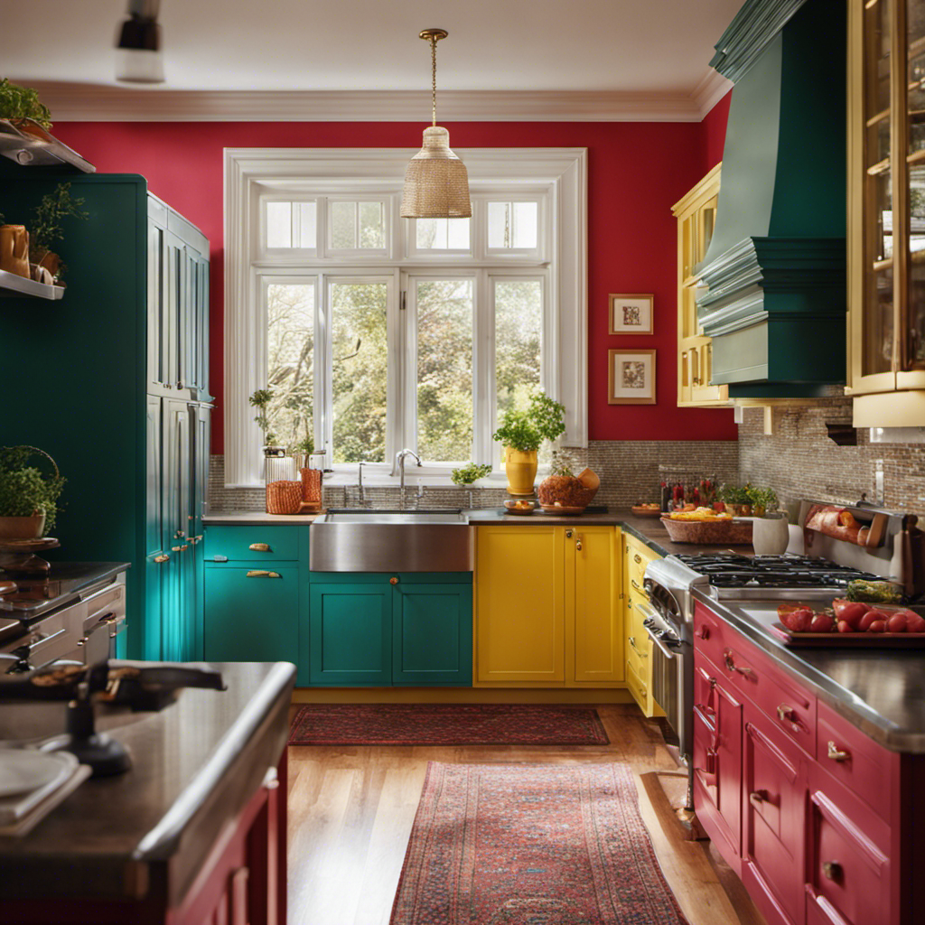 An image showcasing a transformed kitchen: a burst of vibrant color emanates from freshly spray-painted cabinets, while decorative knobs and accessories add a touch of elegance, all on a shoestring budget