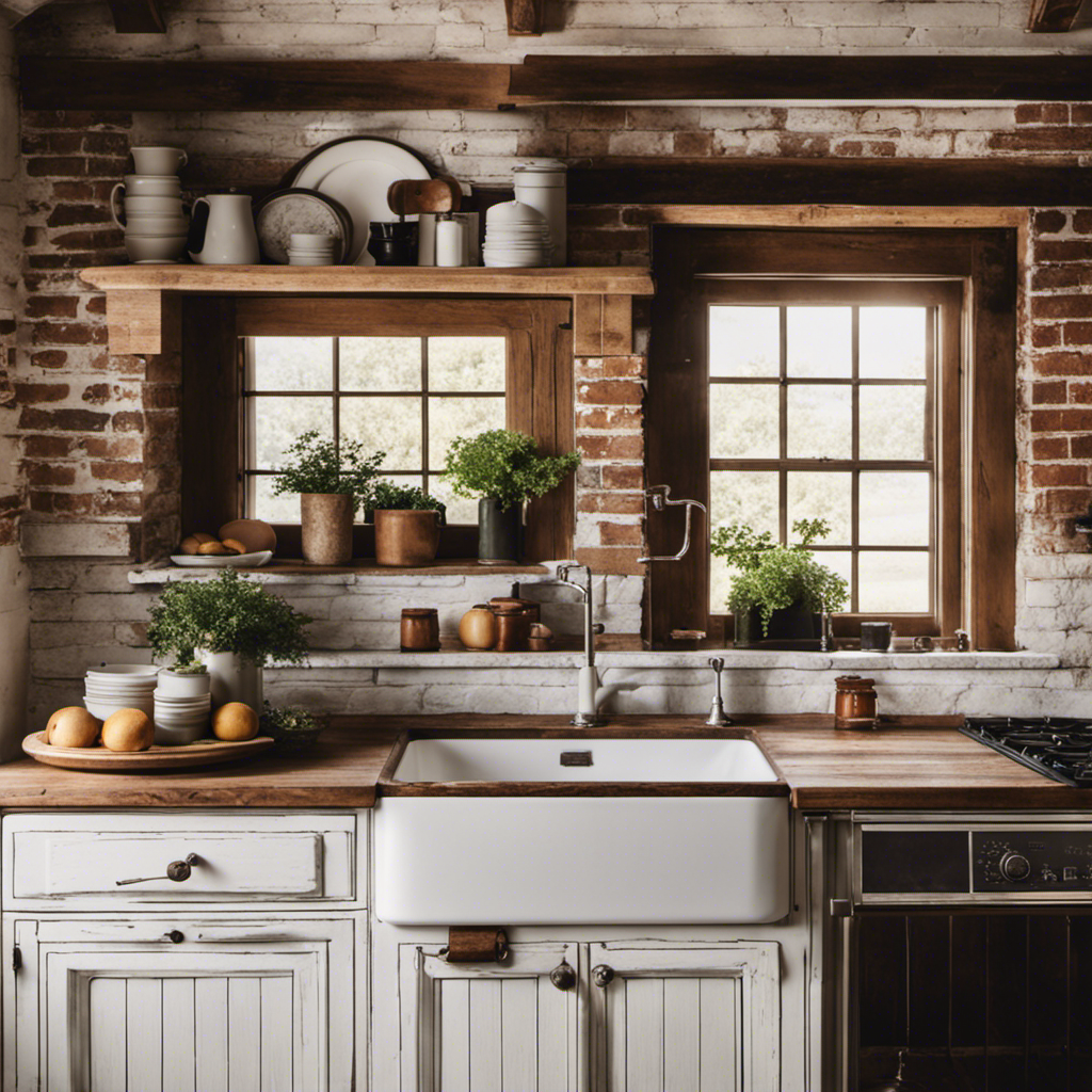 An image showcasing a white-washed, vintage-inspired farmhouse kitchen with distressed wooden cabinets, a farmhouse sink, exposed brick walls, and a sleek marble countertop, blending rustic charm with modern elegance