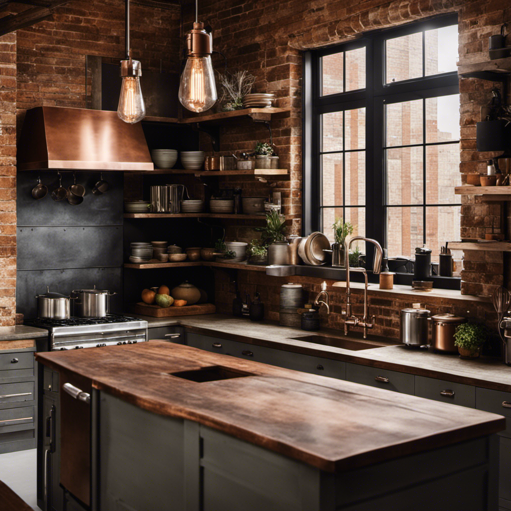 An image showcasing a rustic kitchen with reclaimed wood cabinets, exposed brick backsplash, and vintage copper accents juxtaposed with an industrial kitchen featuring sleek stainless steel appliances, concrete countertops, and pendant lighting