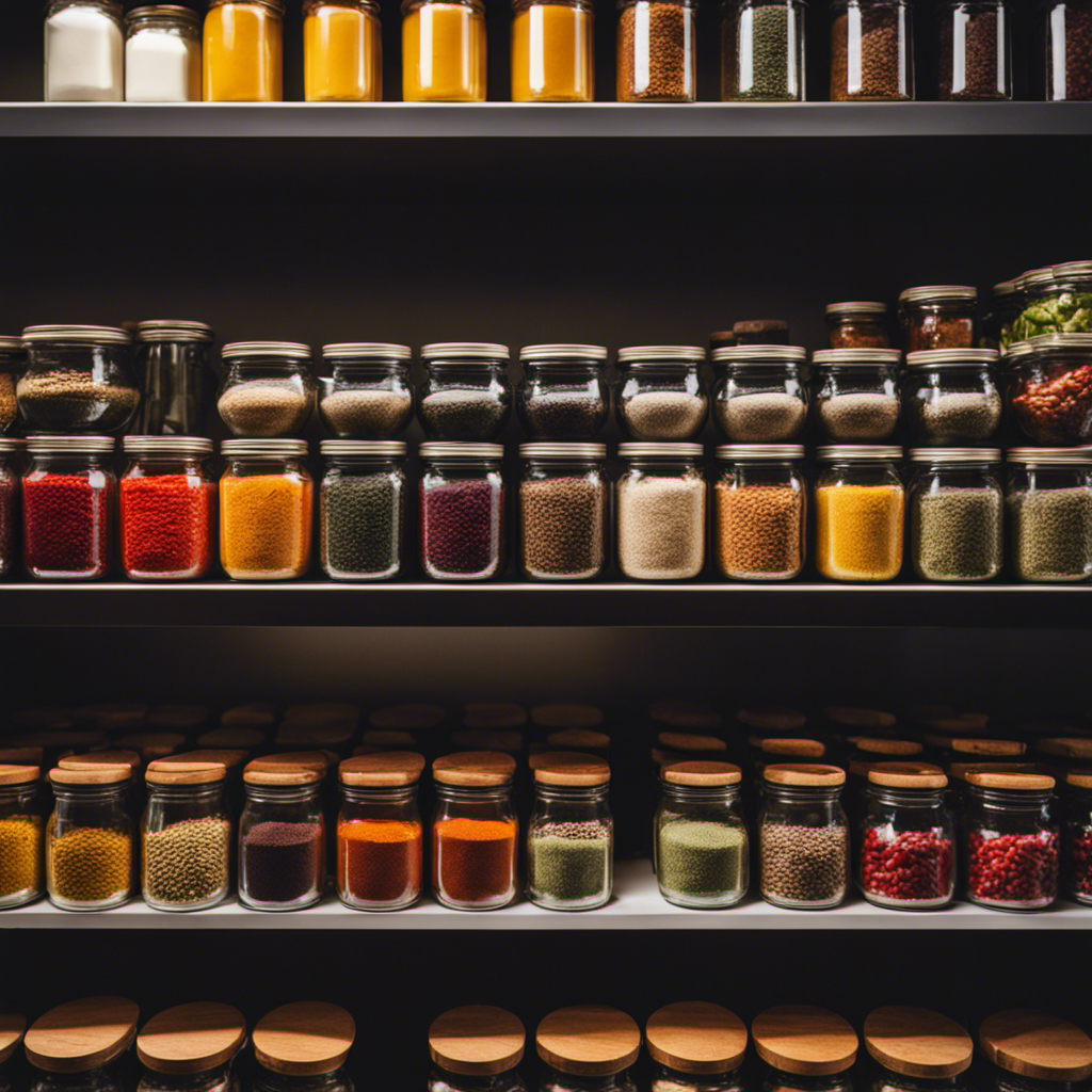 An image showcasing a modern kitchen with sleek, open shelves displaying neatly arranged glass jars filled with colorful spices, while a spacious pantry reveals neatly organized rows of labeled containers and baskets