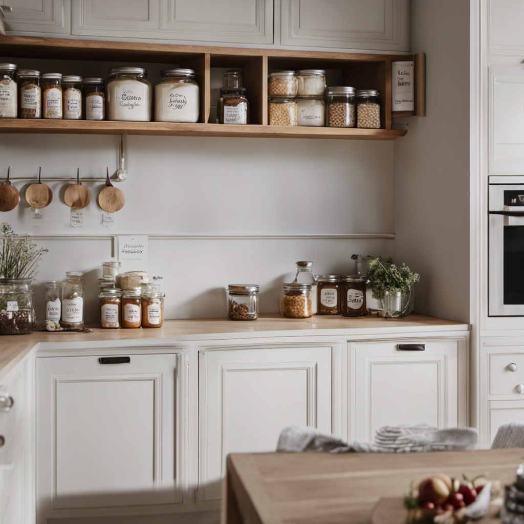 An image showcasing a pristine, hand-painted kitchen with gleaming white cabinets and a beautifully organized pantry