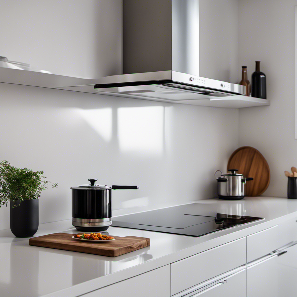 An image showcasing a minimalist kitchen with clean lines, glossy white cabinetry, and a sleek stainless steel countertop