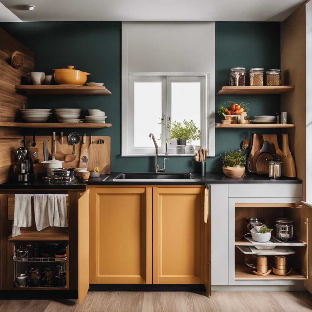 An image showcasing a small kitchen with vibrant, hand-painted cabinets