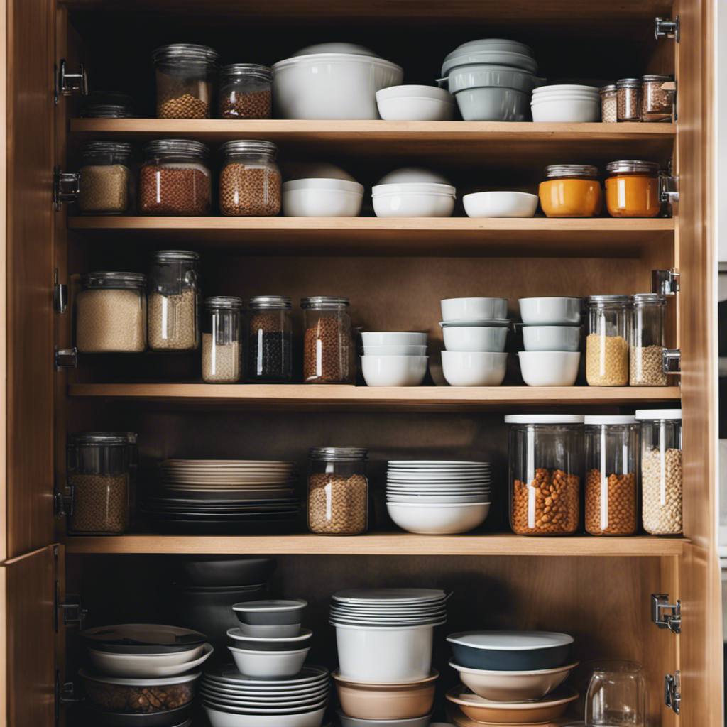 An image showcasing a well-organized kitchen cabinet filled with pull-out shelves, adjustable dividers, and stackable containers, beautifully displaying neatly arranged pots, pans, utensils, and pantry staples